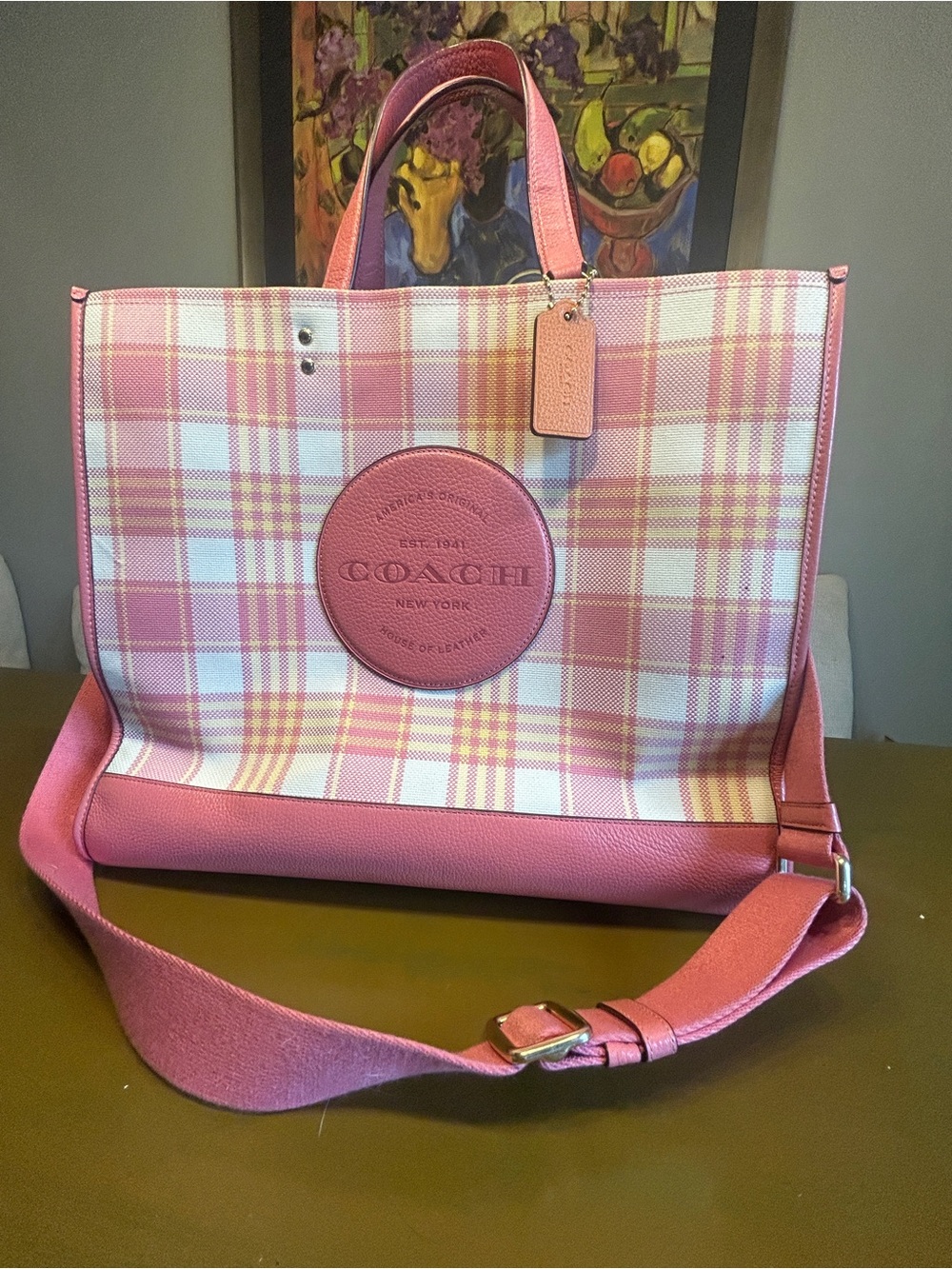 COACH Pink Plaid Dempsey 40 Crossbody Tote with Leather Trim